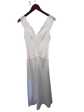 Vintage Ivory Lace-Trim Satin Chemise Slip Nightgown Lingerie Sz 12UK 8US